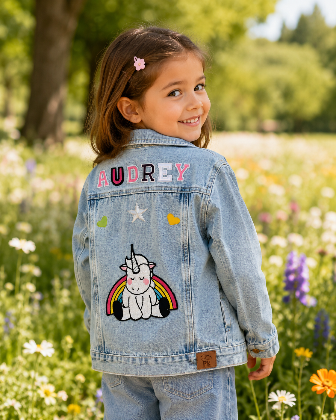 Niña usando chaqueta PazKids de espalda en un campo