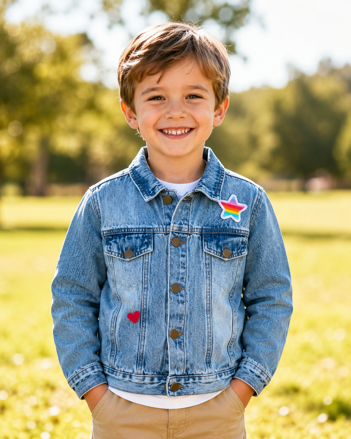 Niño usando chaqueta PazKids de frente en un campo