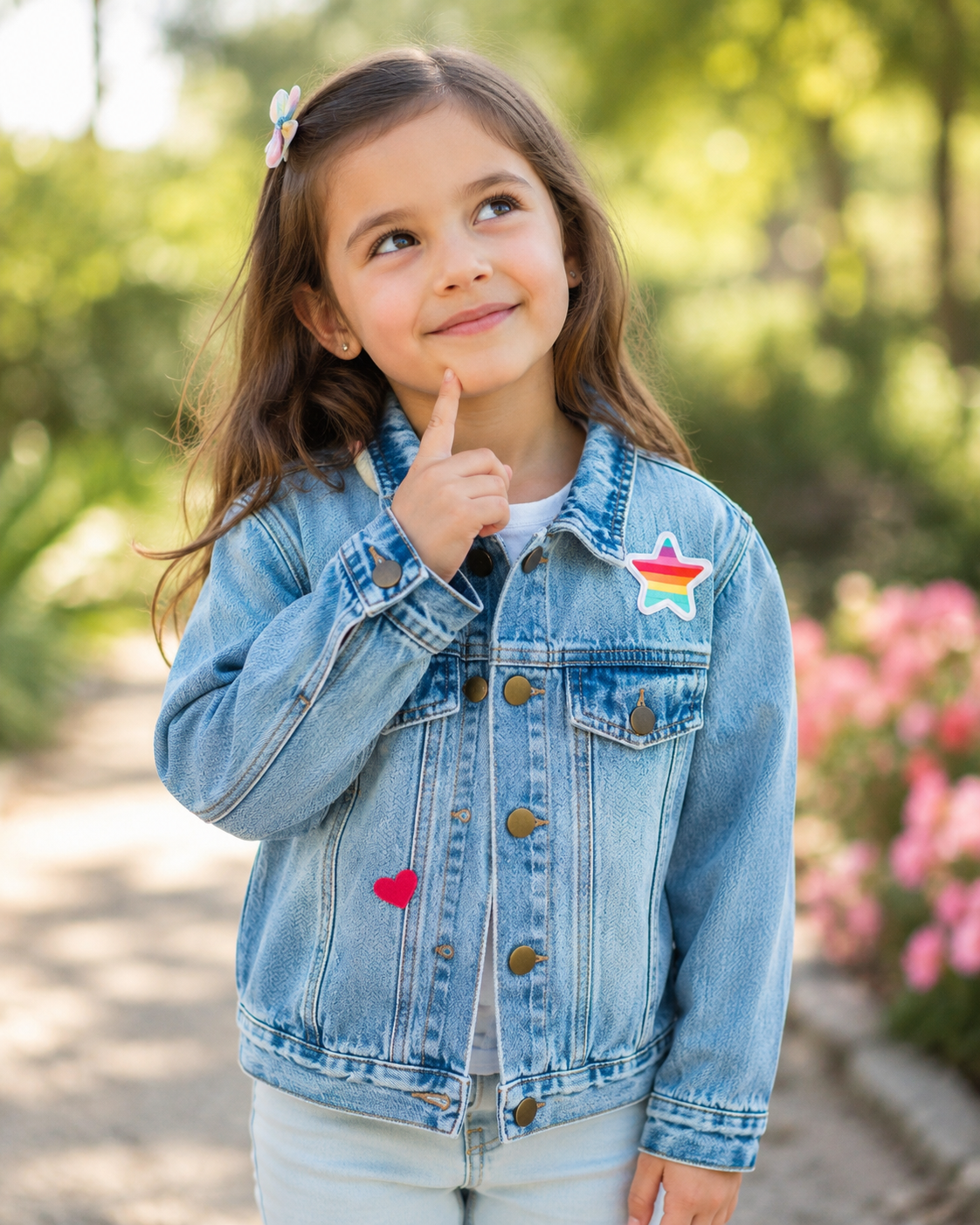 Niña usando chaqueta PazKids pensando en su diseño