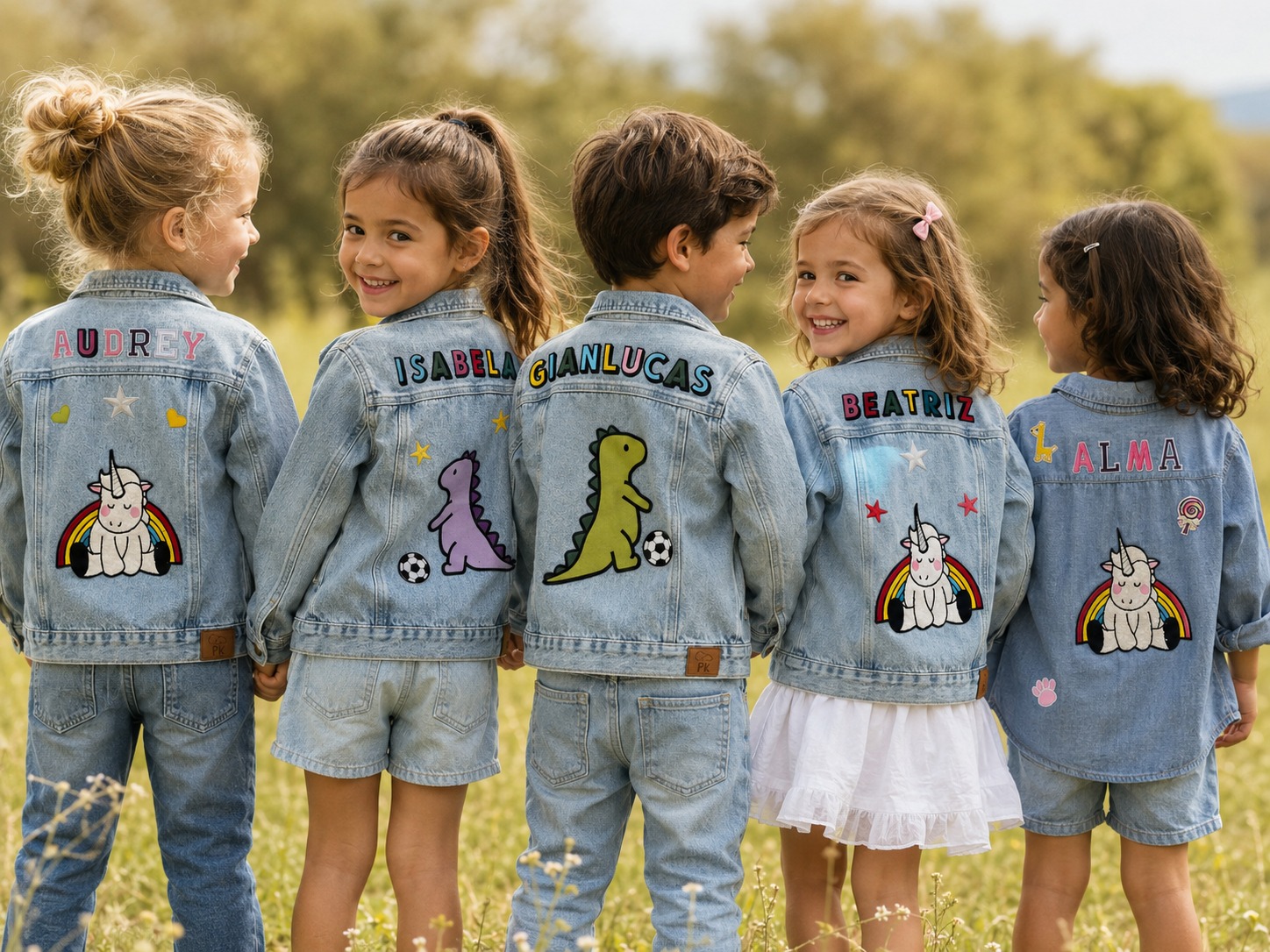 Grupo de niños luciendo chaquetas PazKids personalizadas